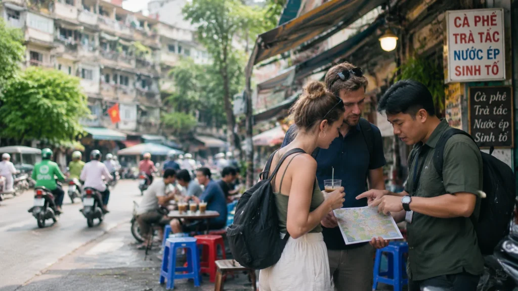 A local guide points at a city map for two travellers beside a Saigon street café with plastic stools and passing motorbikes