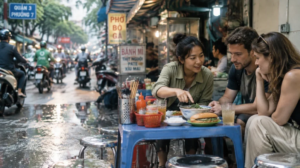 A local woman explains a bowl of phở and a bánh mì to two travellers at a blue plastic table on a rainy Saigon street